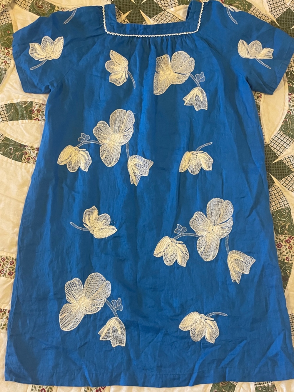 J. Crew Blue Linen Dress with White Floral Embroidery Size Medium - Picture 4 of 8